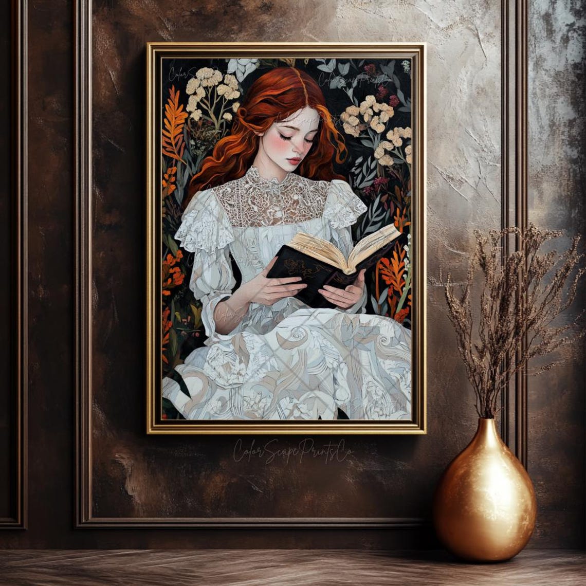 Victorian Woman Reading Vintage Botanical Dark Academia Poster - Image 4