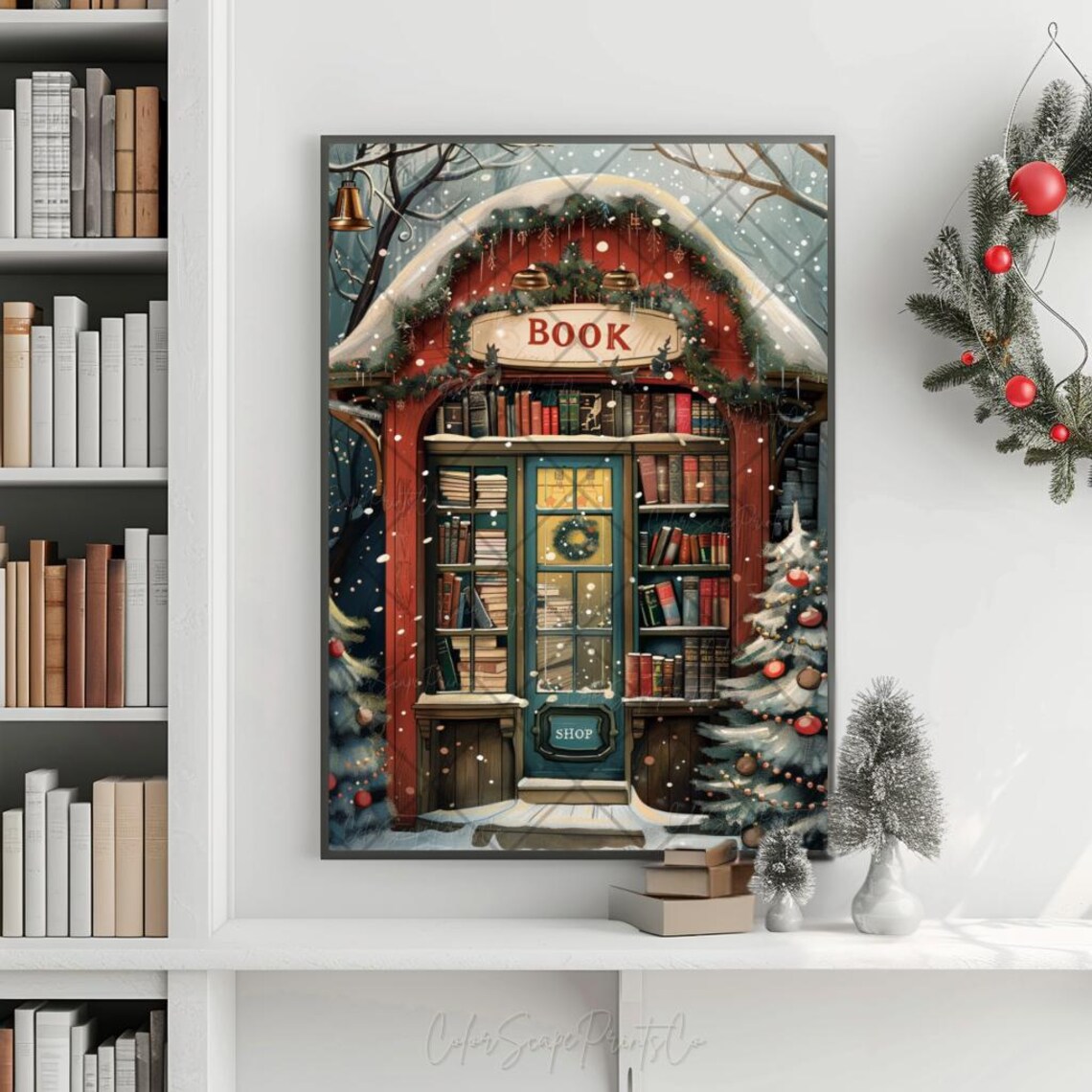 Cozy Red Bookshop Snowy Night Glowing Windows Holiday Poster - Image 3