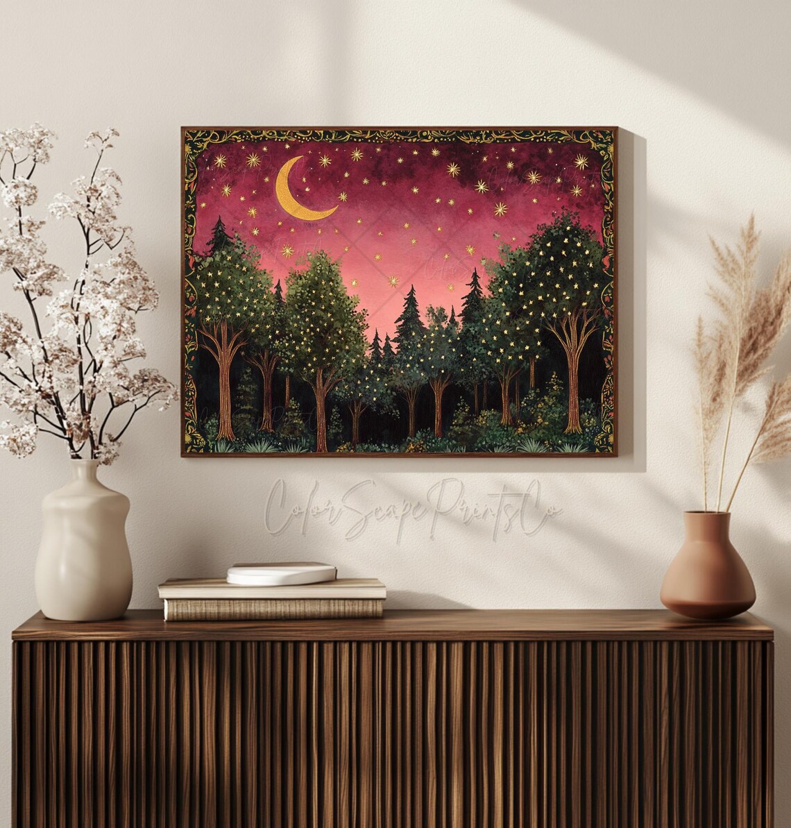 Moon And Stars Enchanted Forest Vintage Landscape Print - Image 3