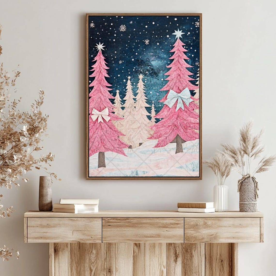 Pink Christmas Trees with Bows Under Starry Night Sky Festive Poster - Image 4