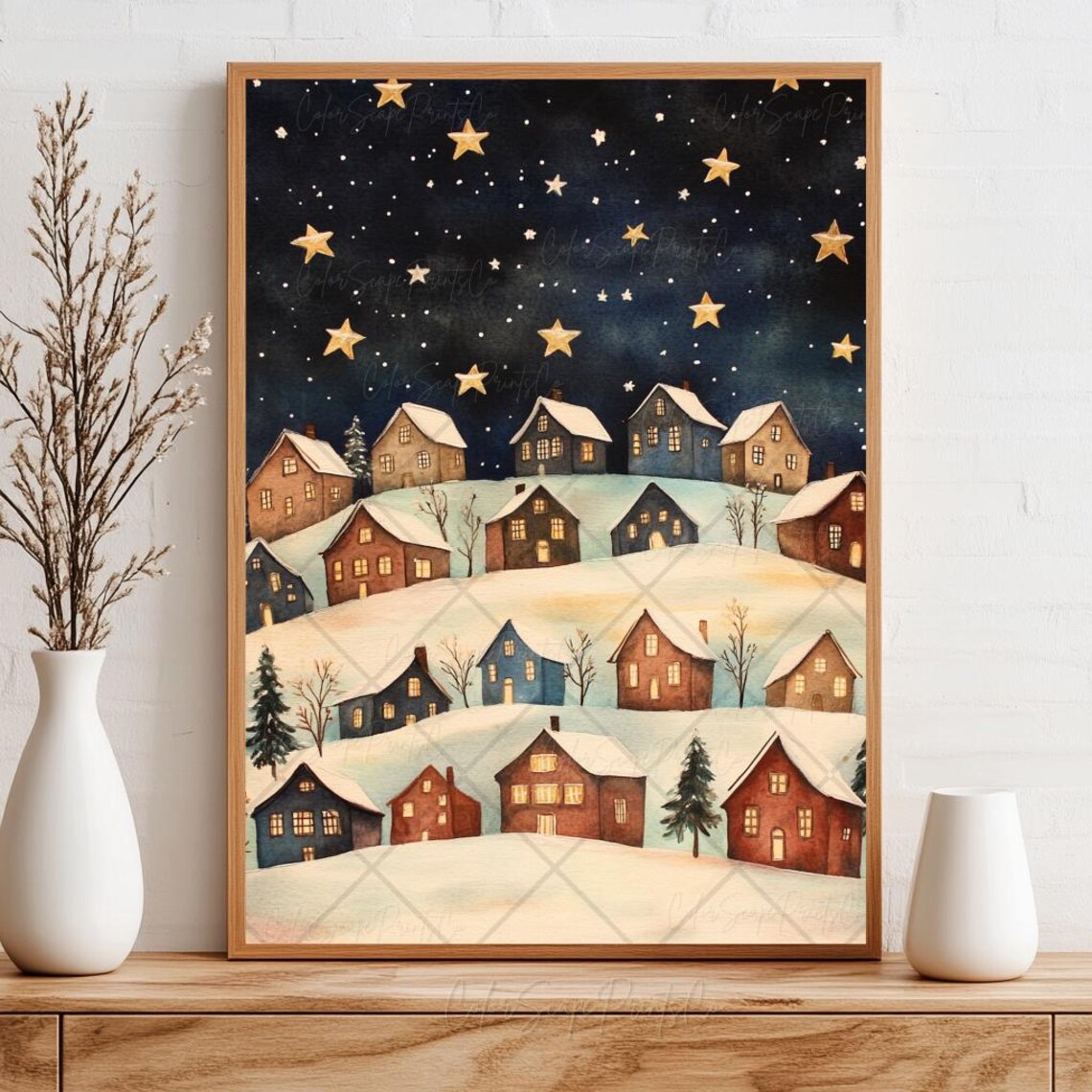 Snowy Village Hills Starry Night Sky Golden Stars Winter Poster - Image 2
