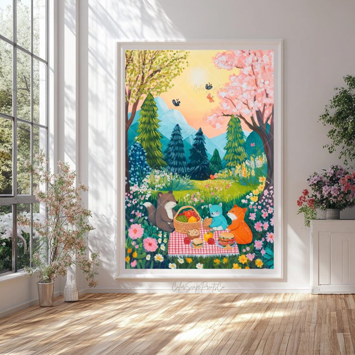 Woodland Animals Picnic Painting Fox Bear Raccoon Spring Meadow Poster - Image 4