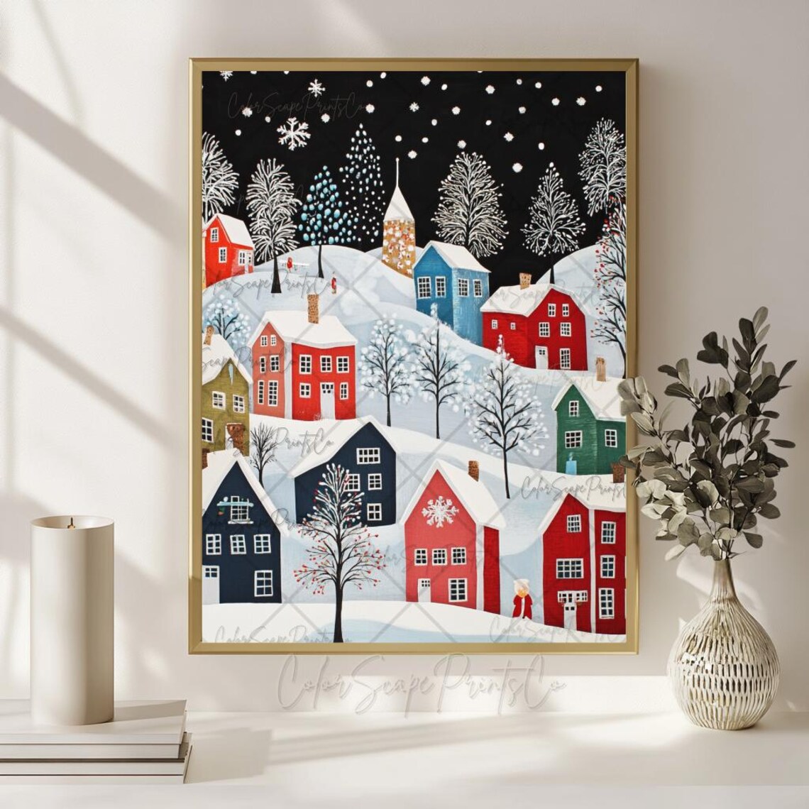 Snowy Christmas Village Night Colorful Houses Starry Sky Poster - Image 2