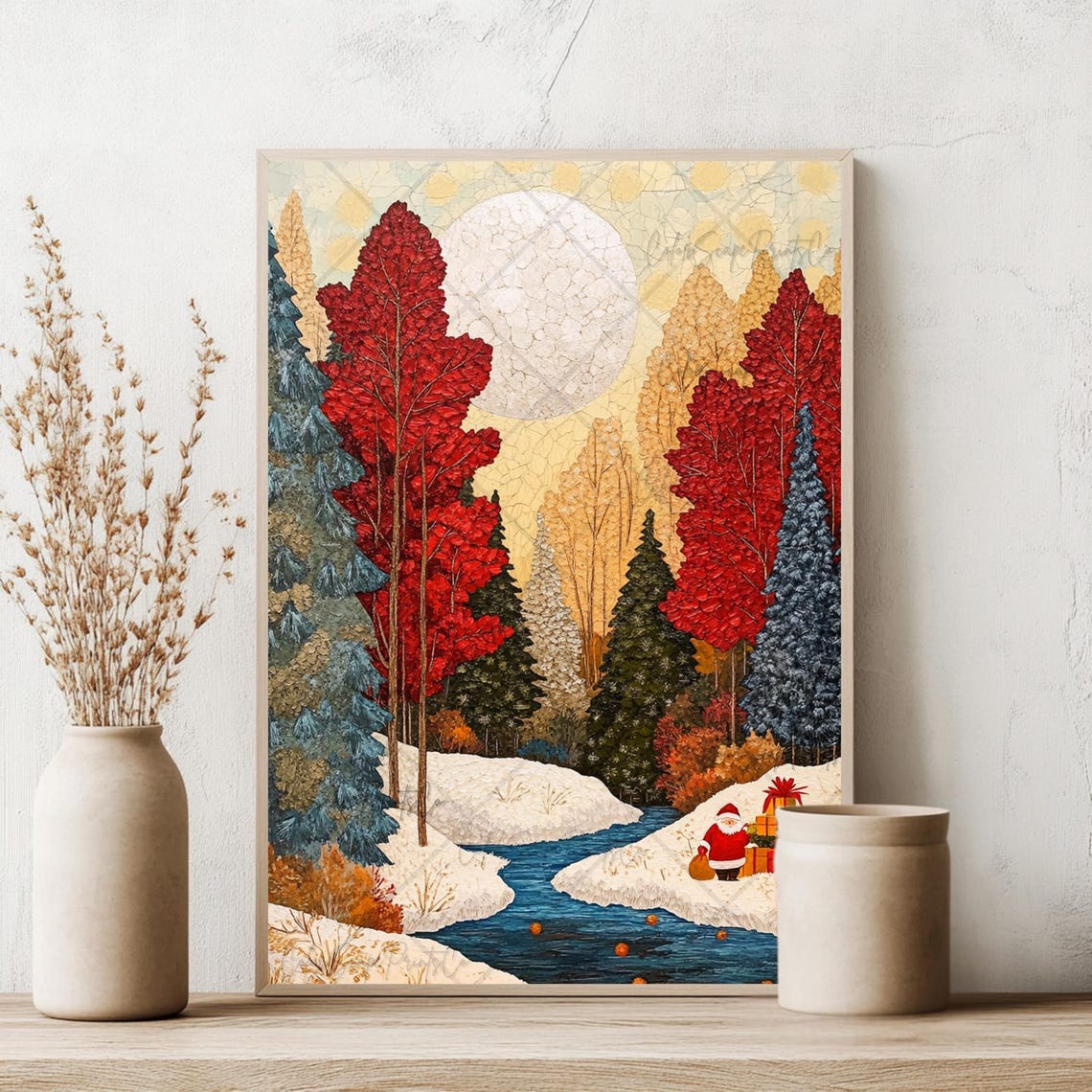 Mosaic Winter River Valley Moonlit Forest Santa Gifts Poster - Image 2