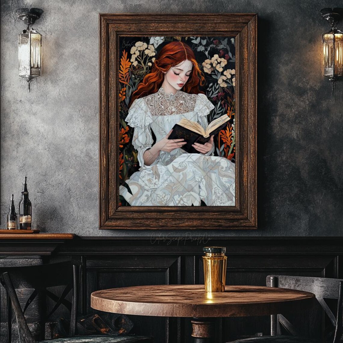 Victorian Woman Reading Vintage Botanical Dark Academia Poster - Image 2