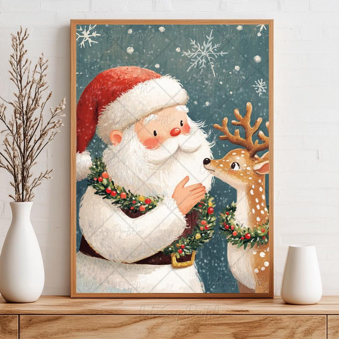 Santa Claus And Reindeer Painting Santa Claus Painting Reindeer Print Christmas Animal Print Santa Petting Reindeer Colorful Christmas Print - Image 2