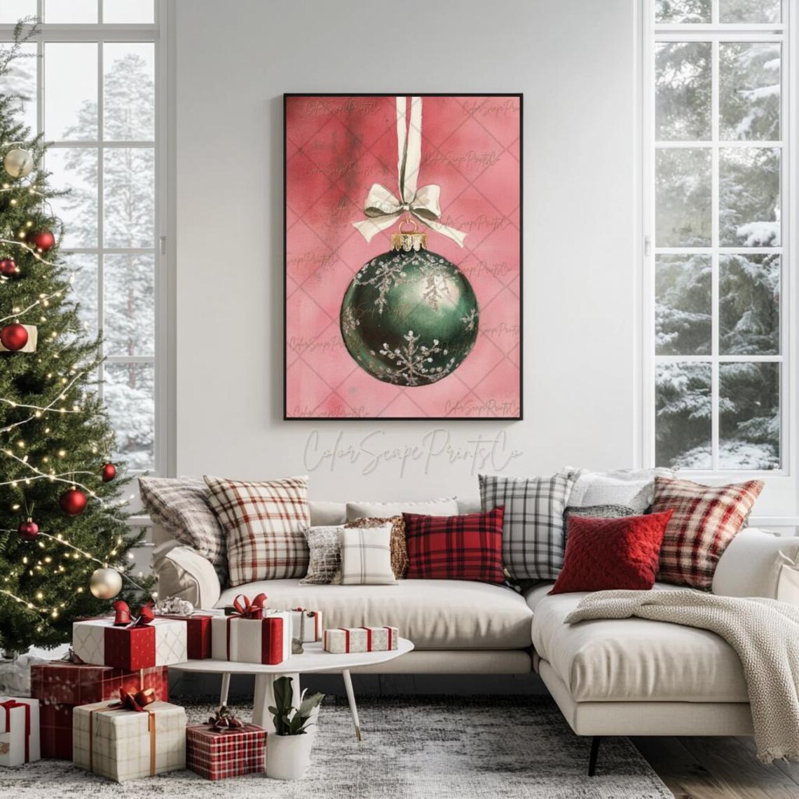 Sage Green Christmas Bauble Ornament Pink Watercolor Poster Art - Image 4