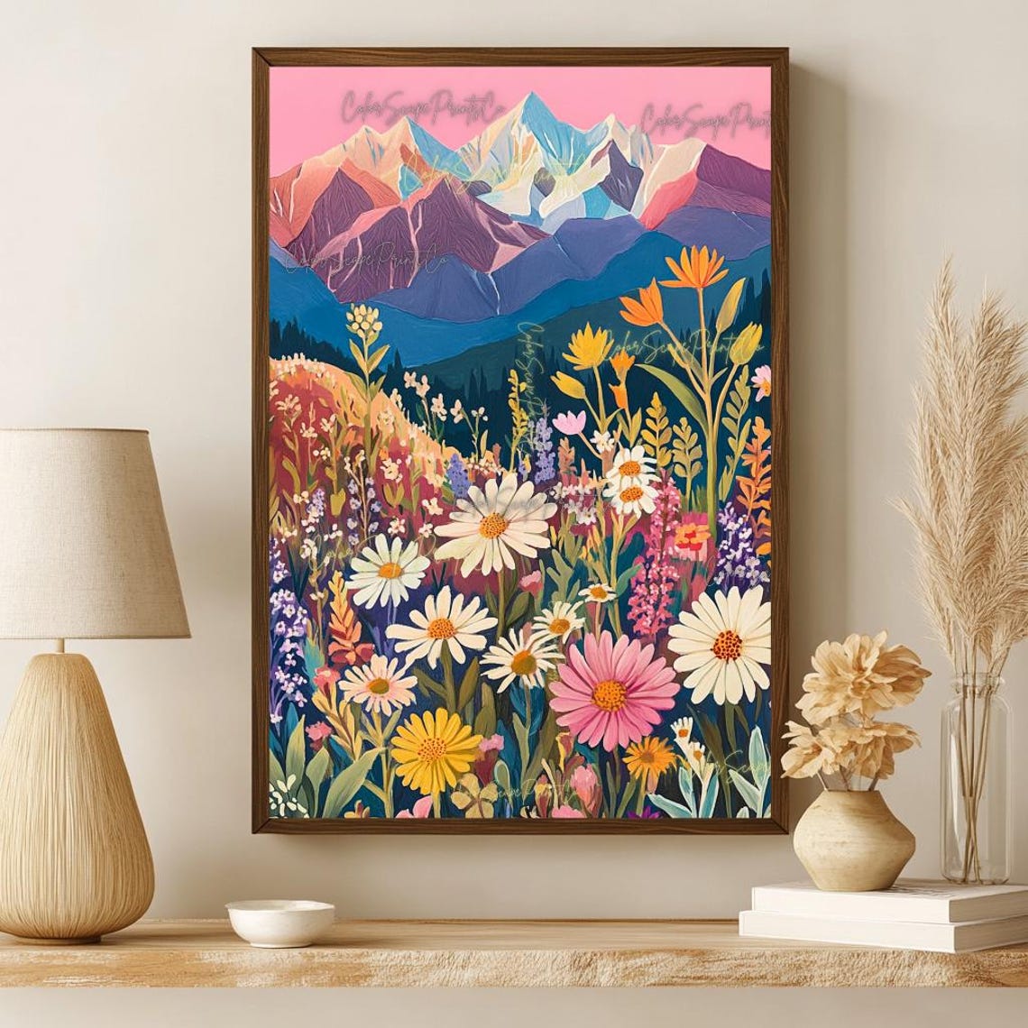 Pink Sky Mountain Wildflower Meadow Daisies Nature Art Poster