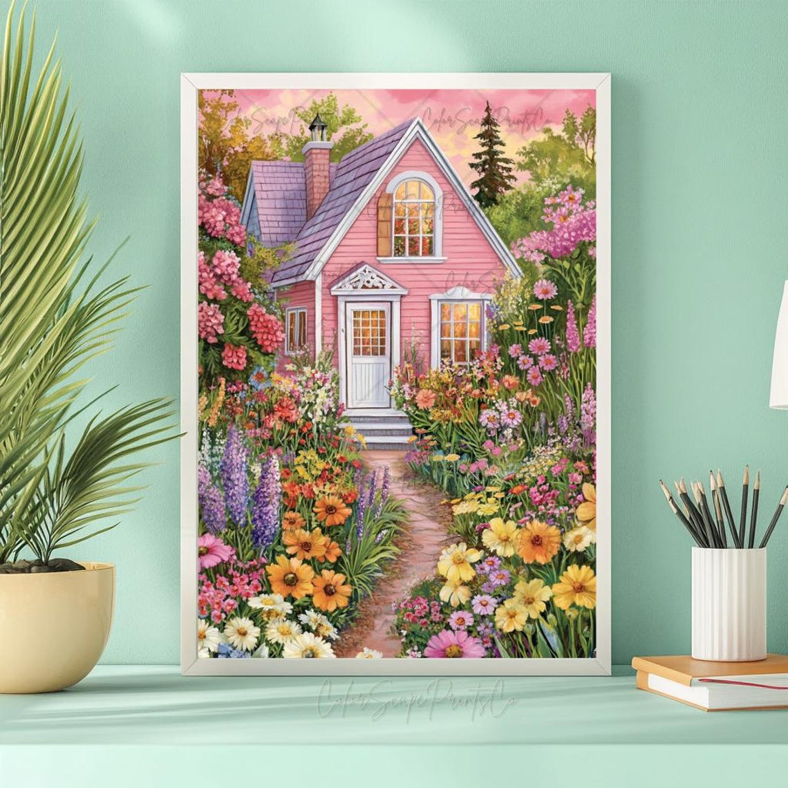 Pink Cottage With Overflowing Flower Garden Cottagecore Poster - Image 4