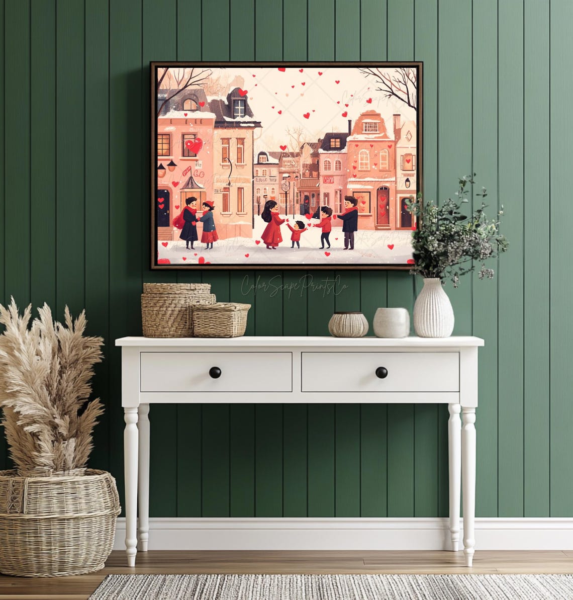 Valentines Day City Street with Falling Hearts Romantic Scene Poster - Image 2