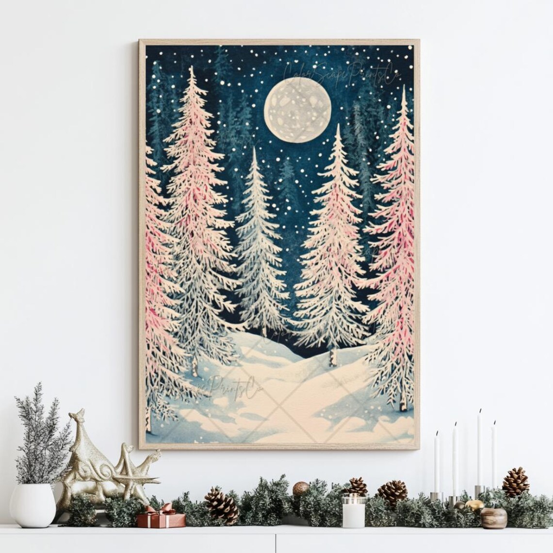 Starry Navy Night Sky Over Frosted Pink Pine Trees Moon Art Poster - Image 3