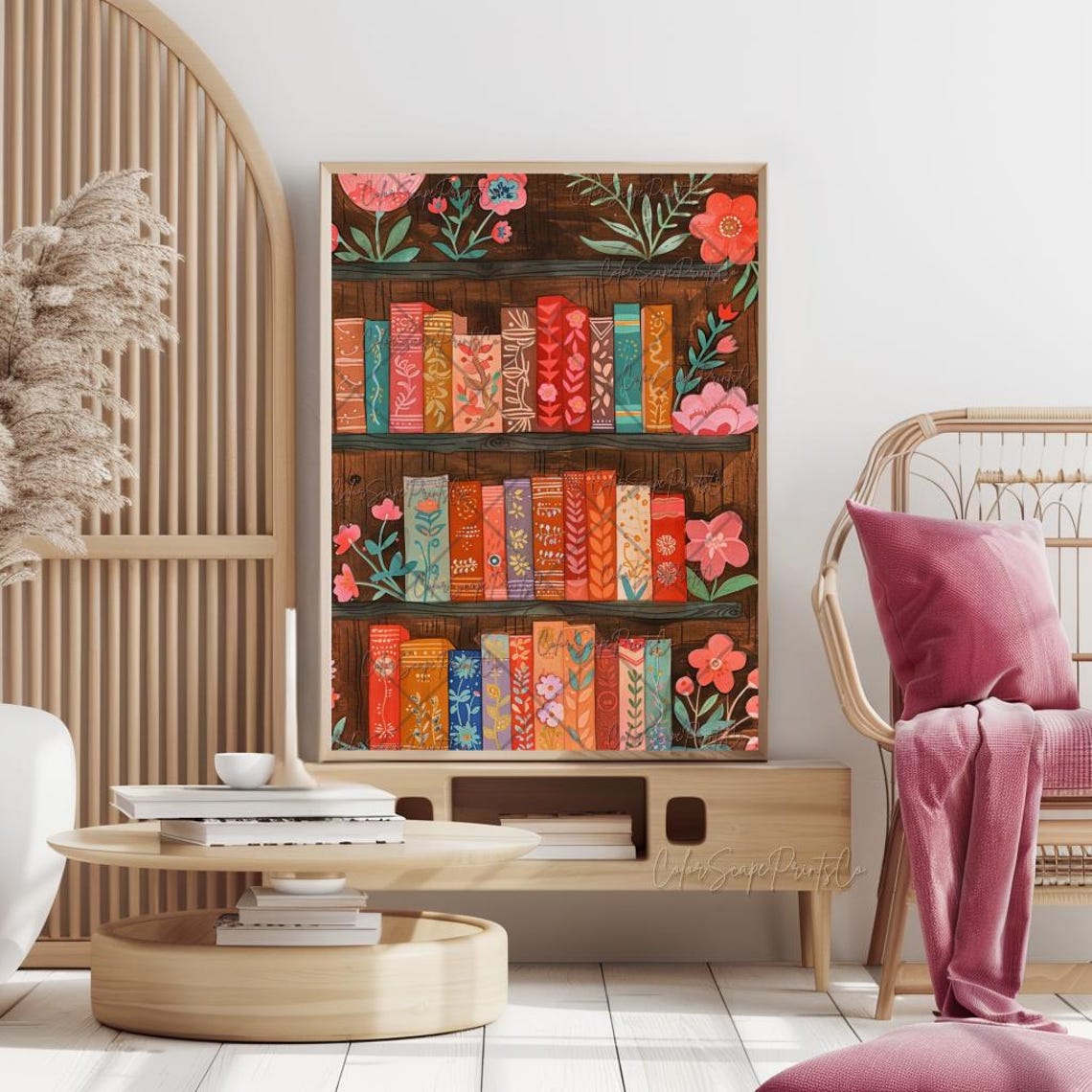 Cozy Colorful Books on Wooden Shelf Library Reading Nook Poster - Image 4