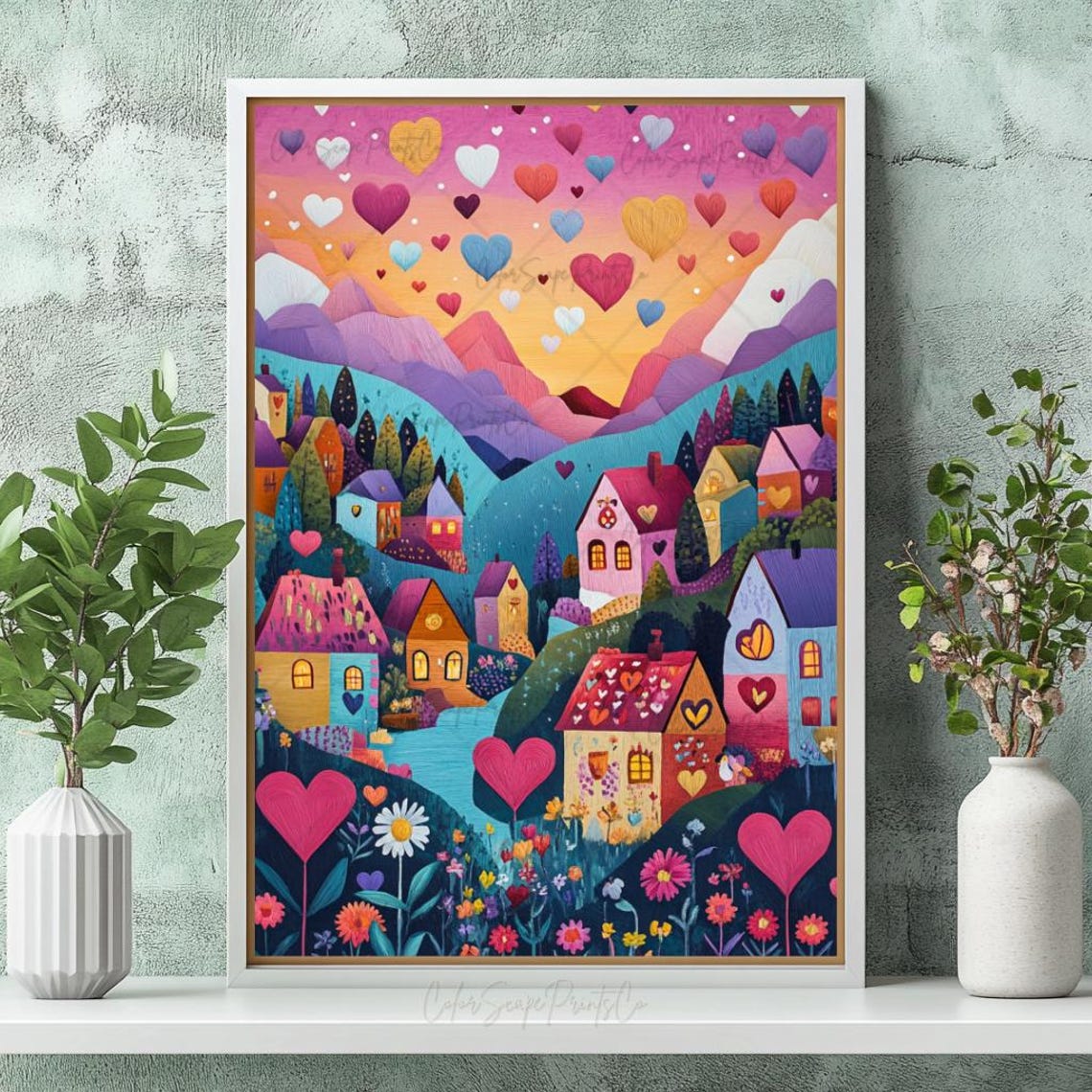 Valentine Village with Floating Hearts Sunset Mountain Painting Poster - Image 3