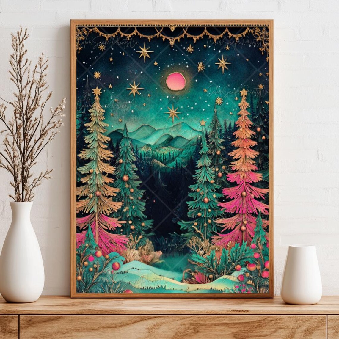Whimsical Christmas Trees, Winter Wonderland Art Print - Image 3