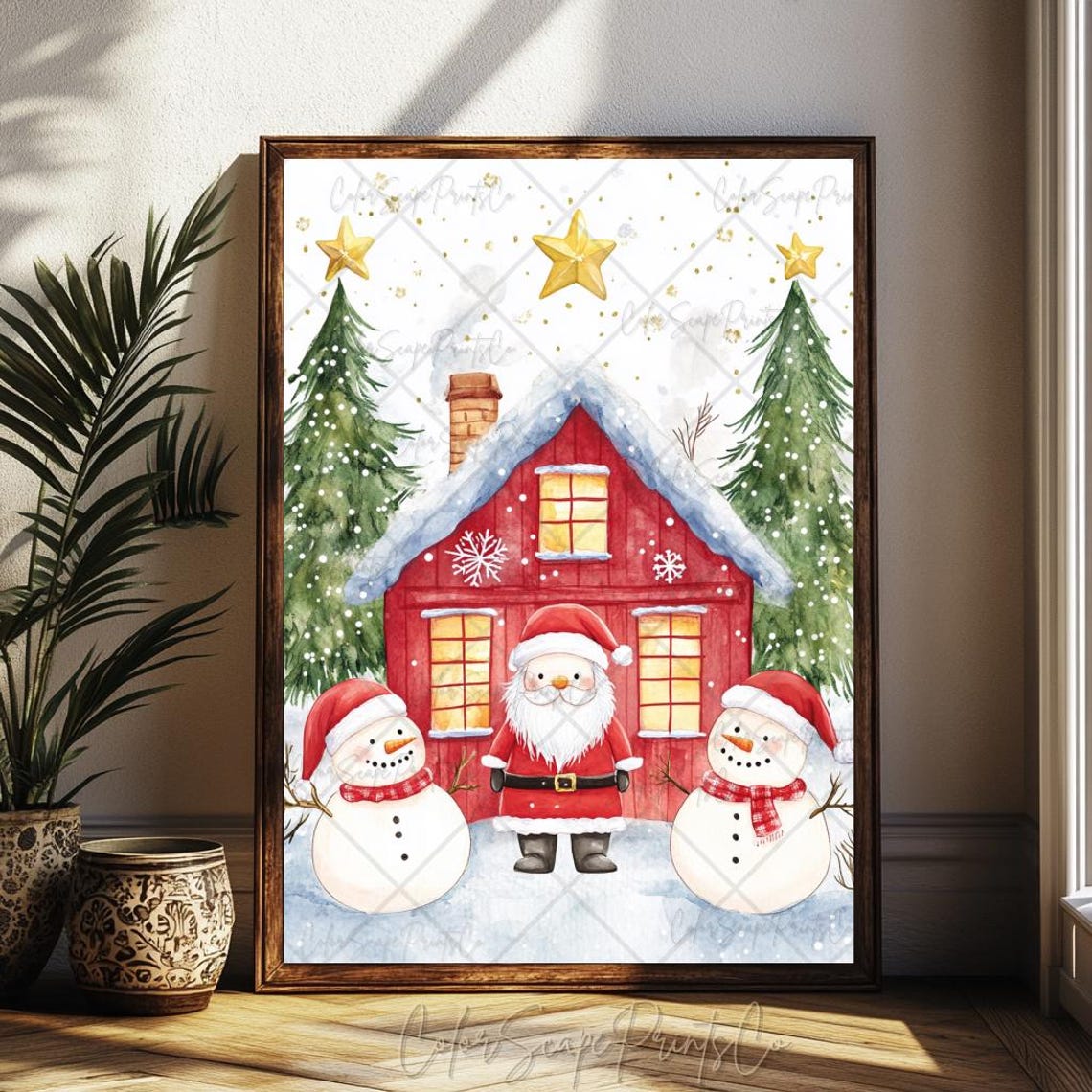 Christmas Village Print Santa Claus And Snowman Painting Festive House Print Winter Scene Print Colorful Christmas Print Christmas Landscape - Image 2