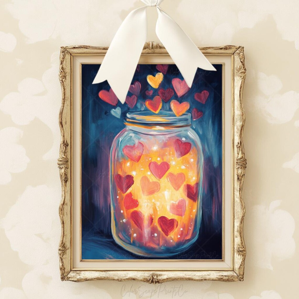 Glowing Hearts Mason Jar Painting Moody Romantic Valentine Wall Art - Image 2
