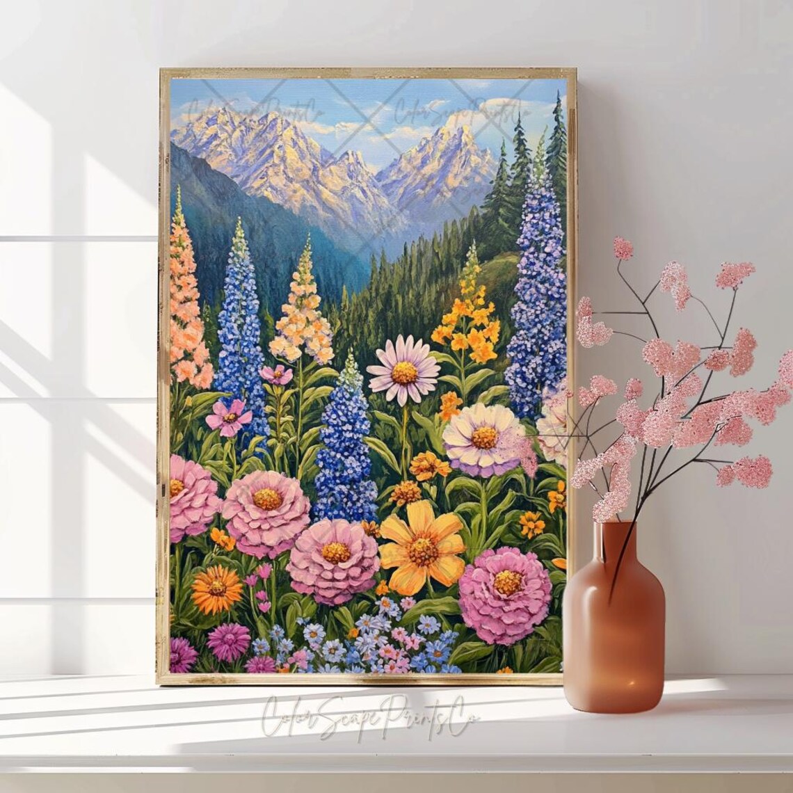 Colorful Wildflower Garden With Mountain Peaks Botanical Poster - Image 3