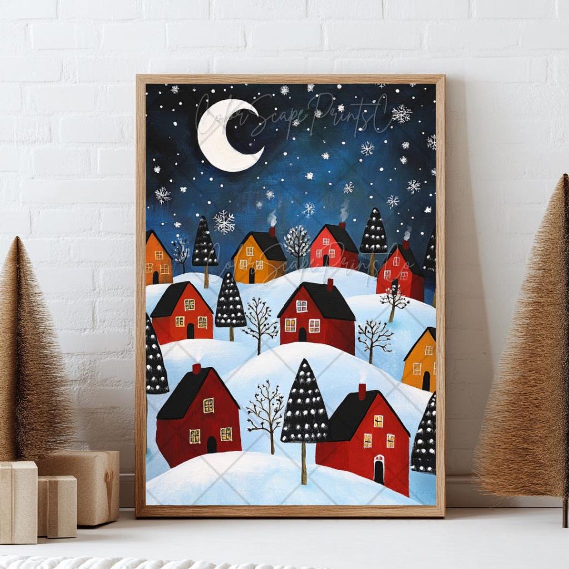Folk Art Red Houses on Snowy Hills Under Crescent Moon Night Poster - Image 3