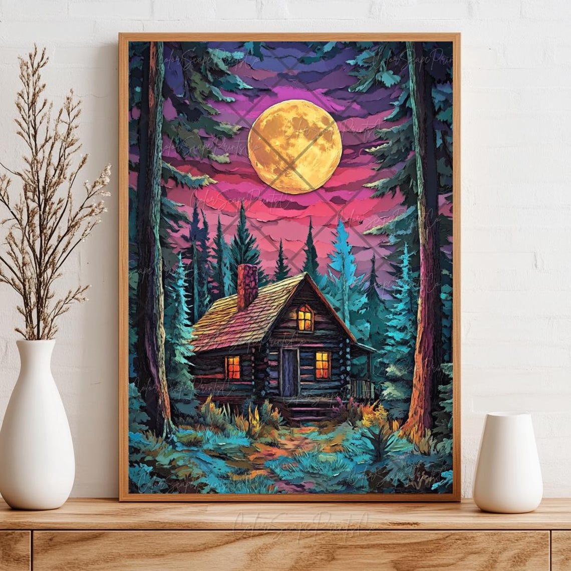 Cozy Moonlit Log Cabin Pine Forest Golden Moon Night Sky Poster - Image 3