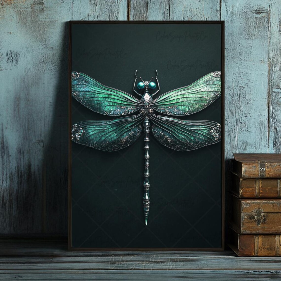 Dragonfly Painting Dark Green Metallic Jewel Wings Poster Art - Image 4