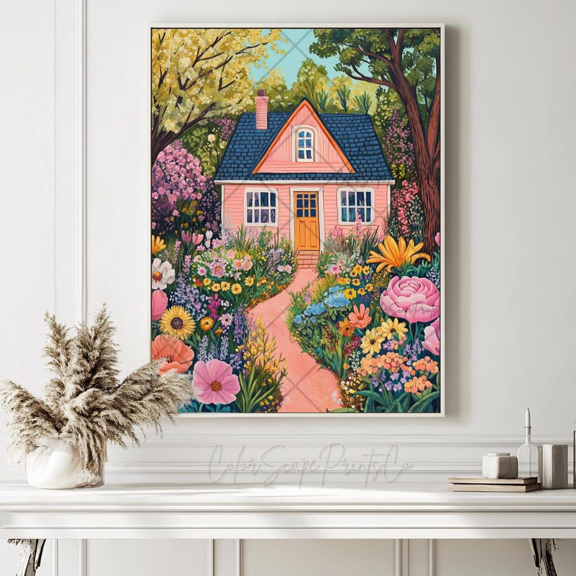 Pink Cottage Flower Garden Path Whimsical Floral House Poster - Image 3