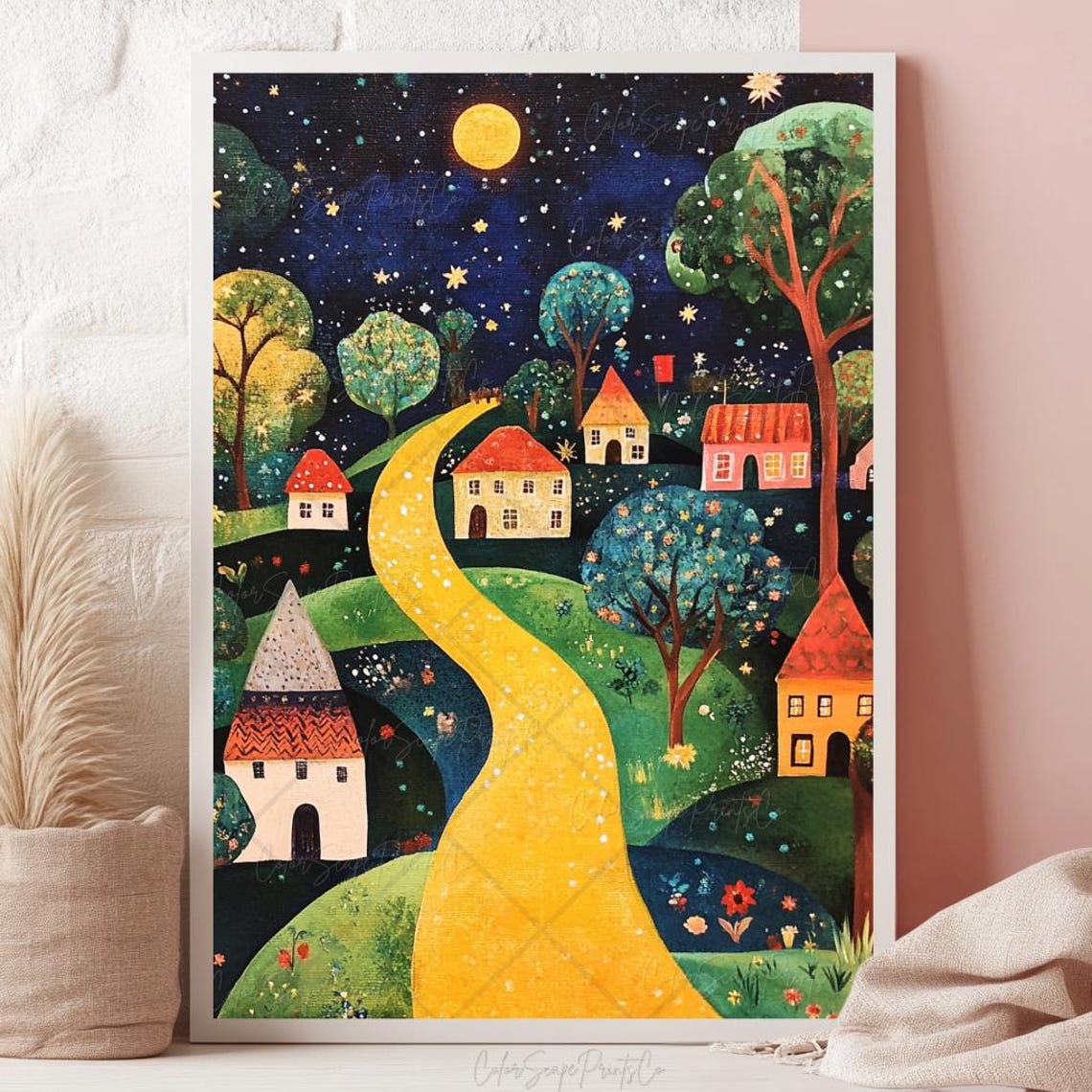 Colorful Houses Print Night Landscape Painting Mountain Scenery Whimsical Landscape Night Village Painting Colorful Wall Art Moon And Stars - Image 4