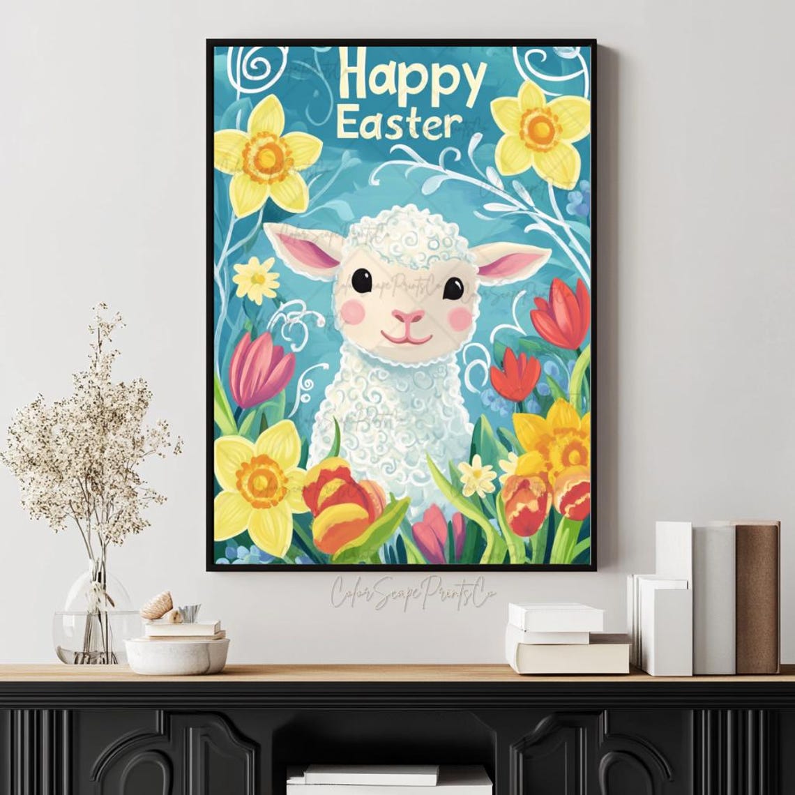 Happy Easter Cute Lamb with Daffodils and Tulips Spring Poster - Image 3