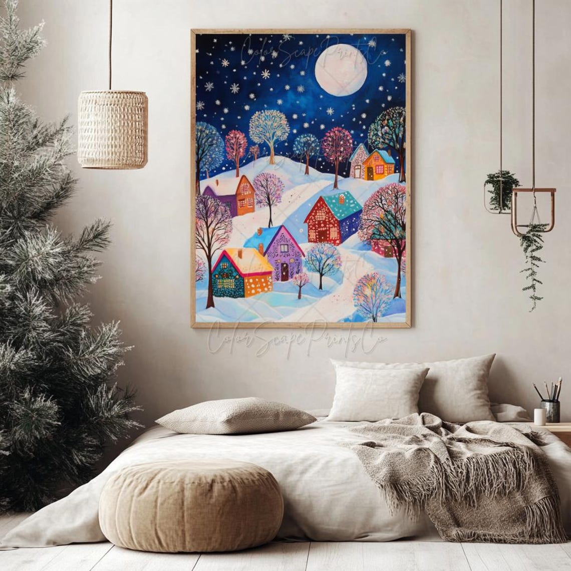 Christmas Village Wall Art Whimsical Winter Wonderland Christmas Wall Art Folk Art Christmas Cozy Season Print Snowy Landscape Winter Scene - Image 4