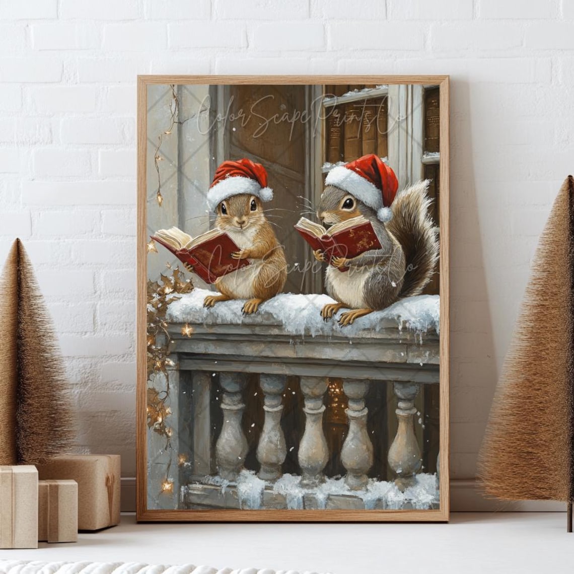 Two Squirrels in Santa Hats Reading Books Snowy Christmas Poster