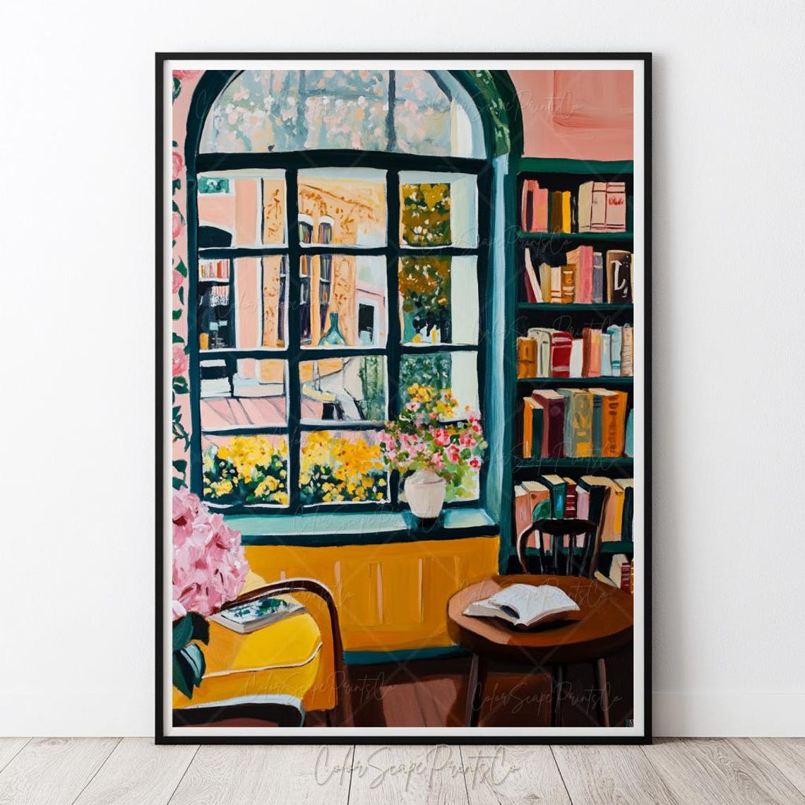 Cozy Vintage Bookstore Interior Painting Window Bookshelf Wall Art - Image 3