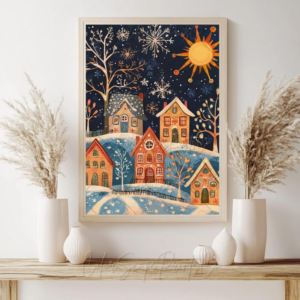 Christmas Village Wall Art Whimsical Winter Wonderland Christmas Wall Art Folk Art Christmas Colorful Winter Houses Scandinavian Christmas - Image 2