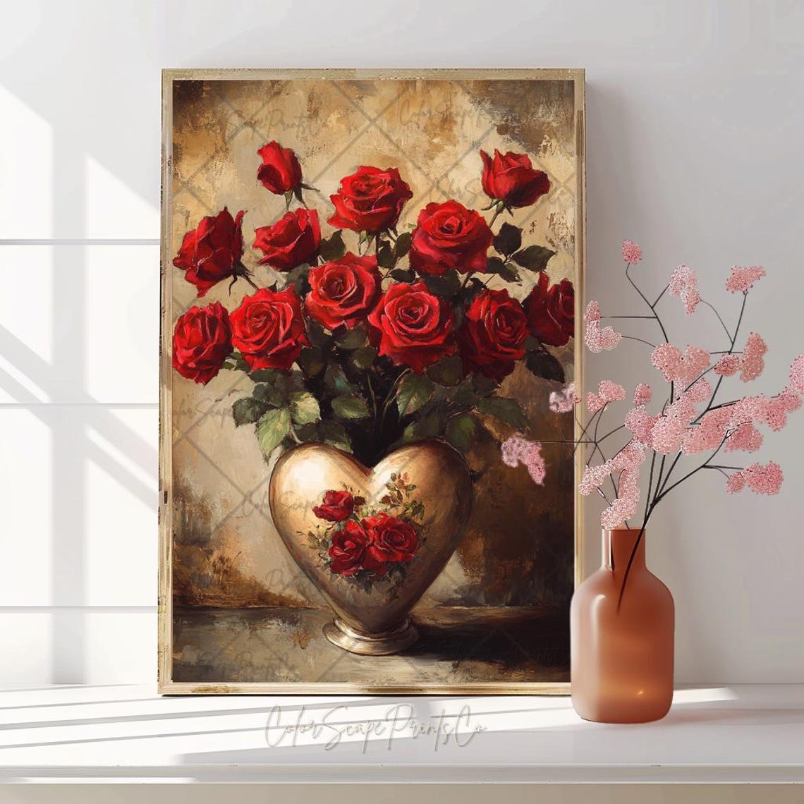 Red Roses in Heart Shaped Vase Vintage Oil Still Life Poster - Image 3