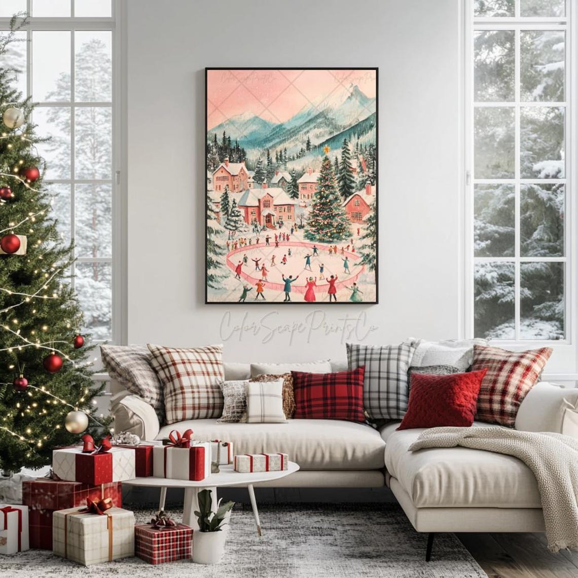 Winter Wonderland Painting Christmas Village Print Victorian Ice Skating Print Pink Winter Village Houses Art Pink Houses Holiday Wall Art - Image 3
