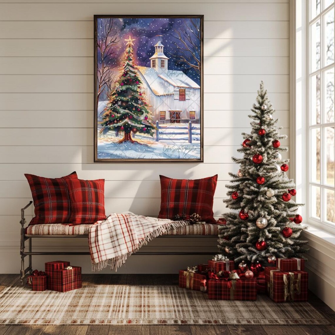 White Barn with Lit Christmas Tree in Snow Night Watercolor Poster - Image 4
