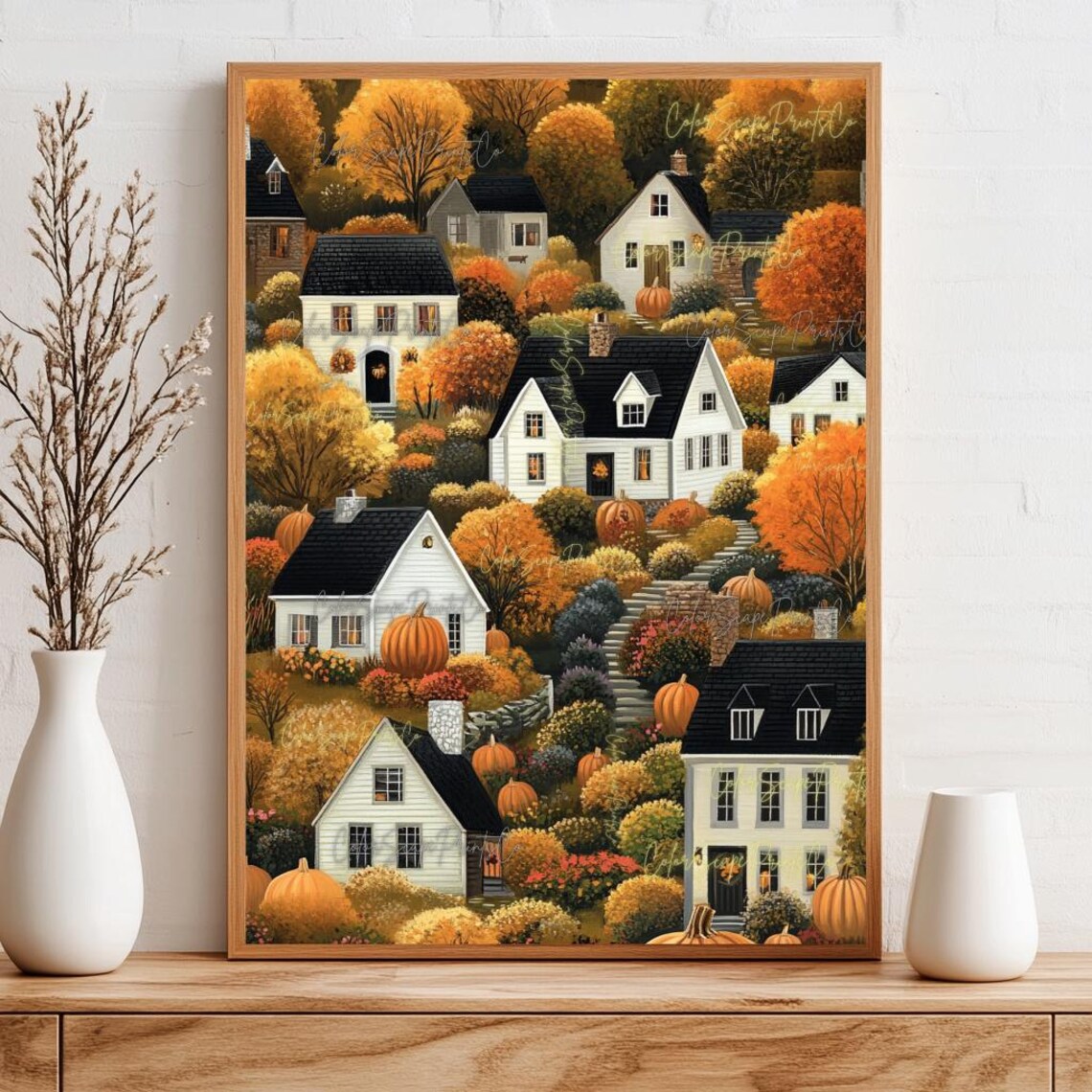 Fall Village Folk Art Print, Autumn Cottage Poster - Image 3