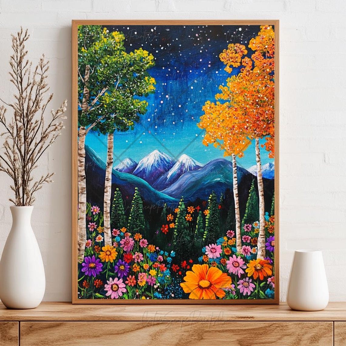 Wildflower Meadow Mountain Night Birch Trees Starry Sky Poster - Image 3
