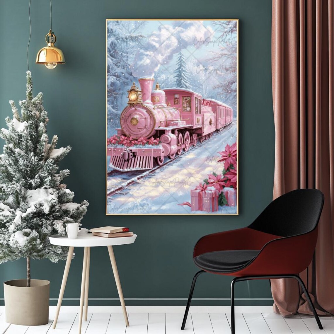 Pink Christmas Train Snowy Forest Steam Locomotive Holiday Poster - Image 4