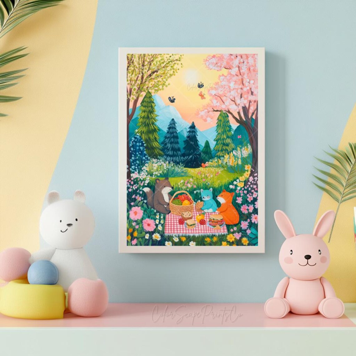 Woodland Animals Picnic Painting Fox Bear Raccoon Spring Meadow Poster - Image 3