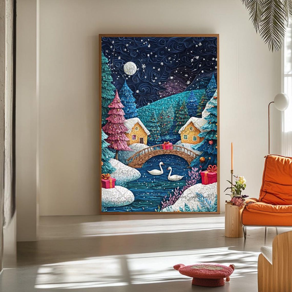 Snowy Village Painting Winter Village Print Christmas Village Winter Scene Art Snowy Trees Colorful Christmas Print Holiday Decor - Image 3