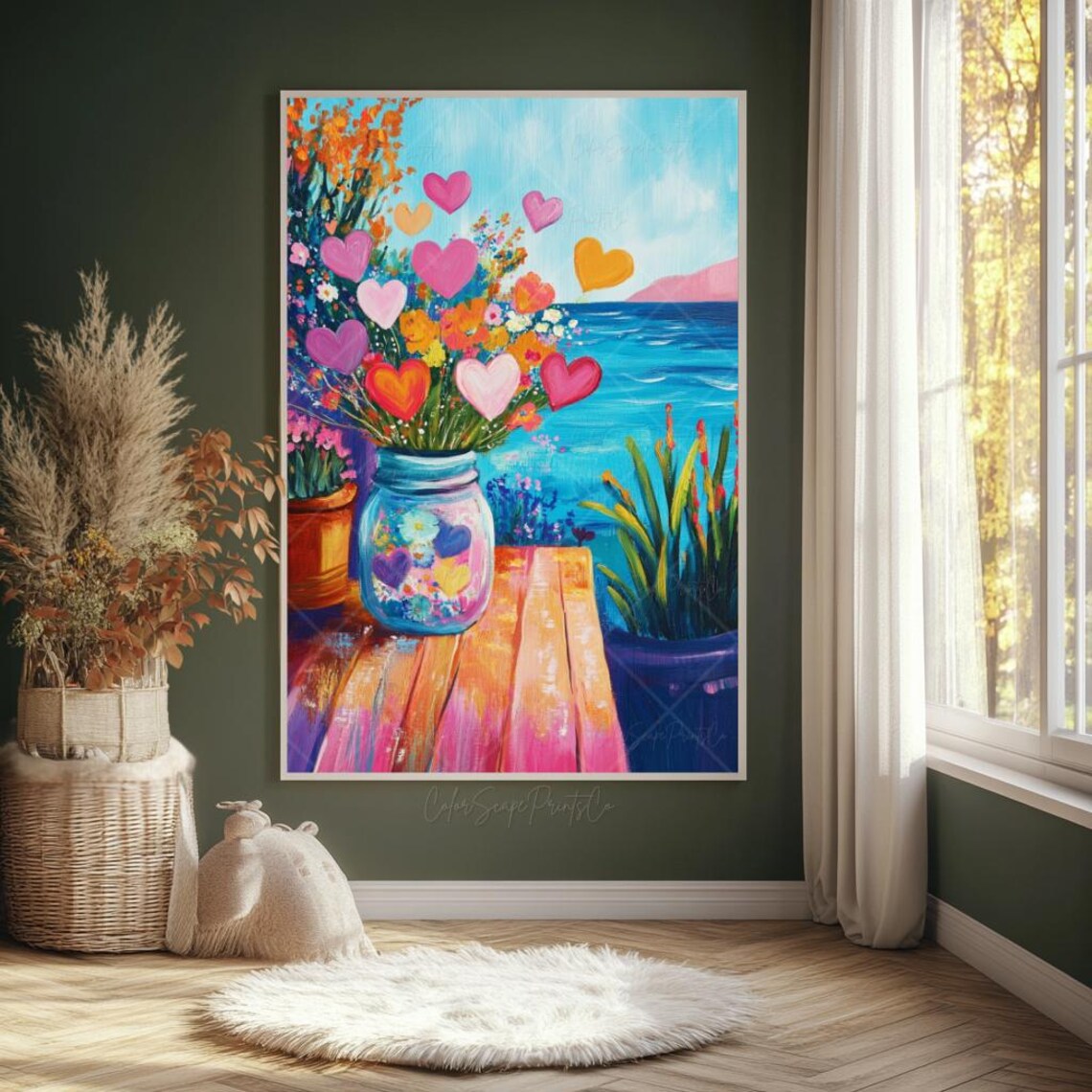 Heart Flowers Mason Jar Vase Painting Coastal Still Life Wall Art - Image 4