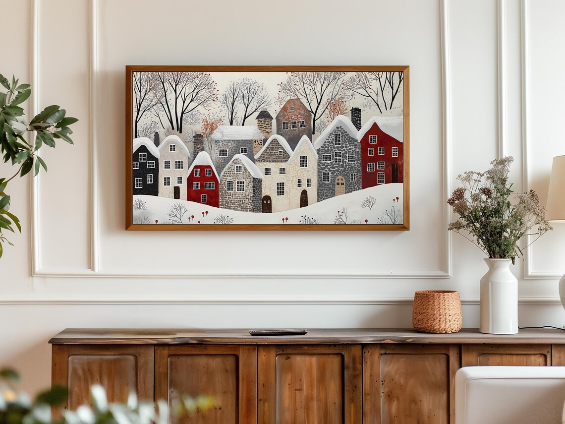Minimalist Snowy Village Houses In Red Black And Cream Winter Poster - Image 6