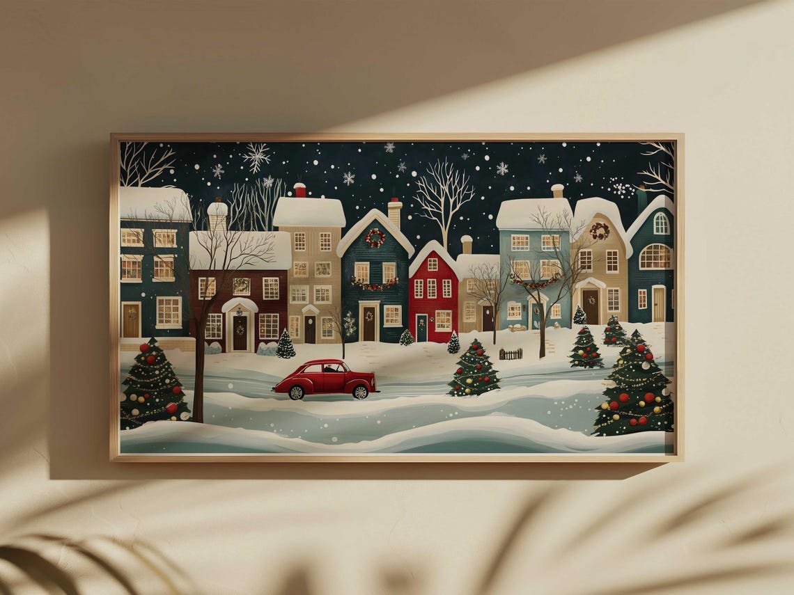 Christmas Town Night Snowy Village Red Vintage Car Holiday Poster - Image 2