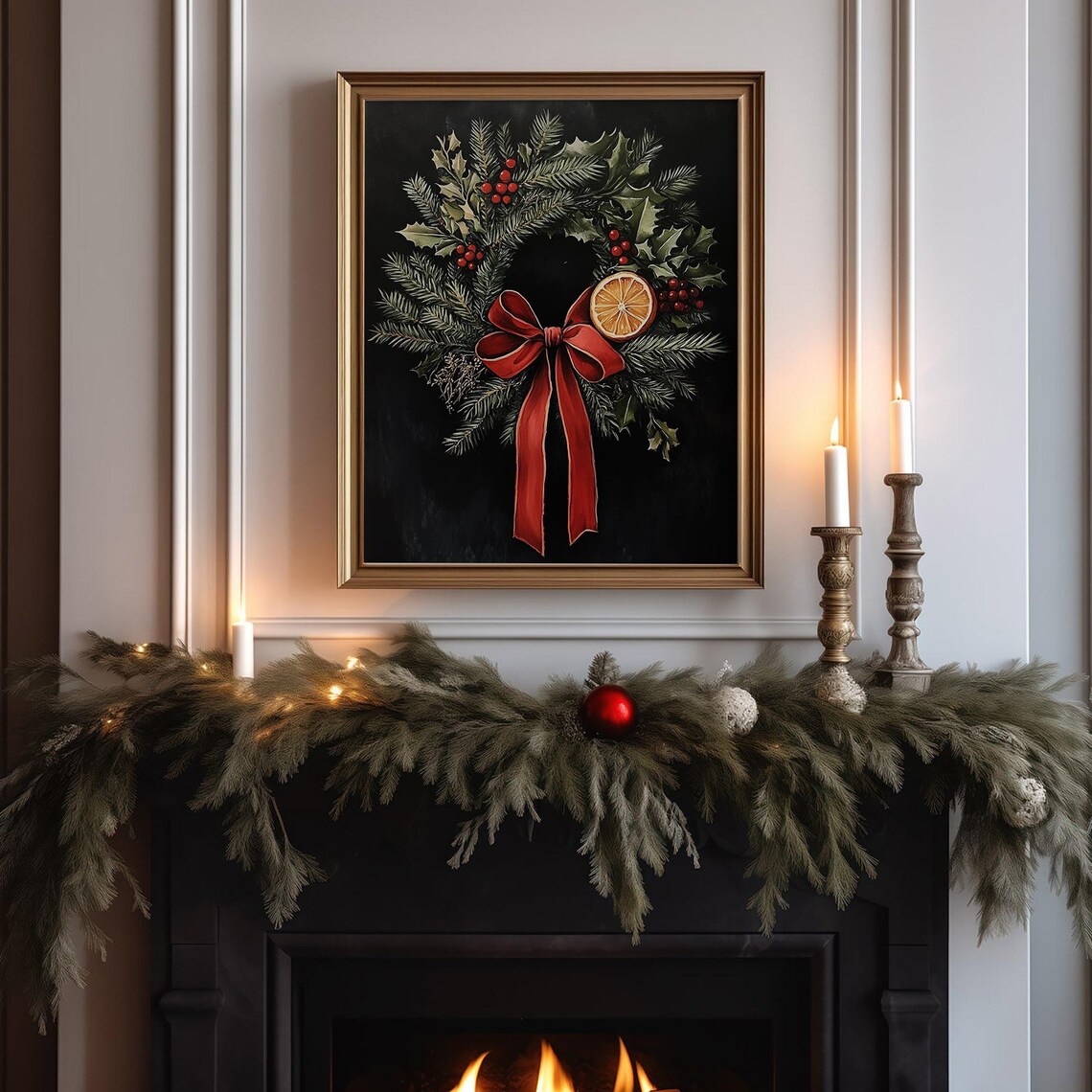 Vintage Christmas Wreath With Red Bow And Dried Orange On Black Poster - Image 6
