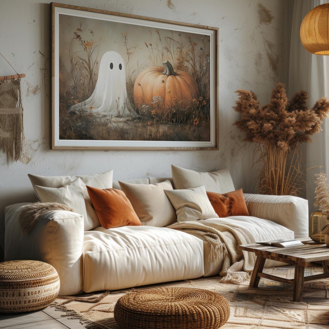 Cute Ghost and Pumpkin Autumn Field Moody Halloween Art Poster - Image 5