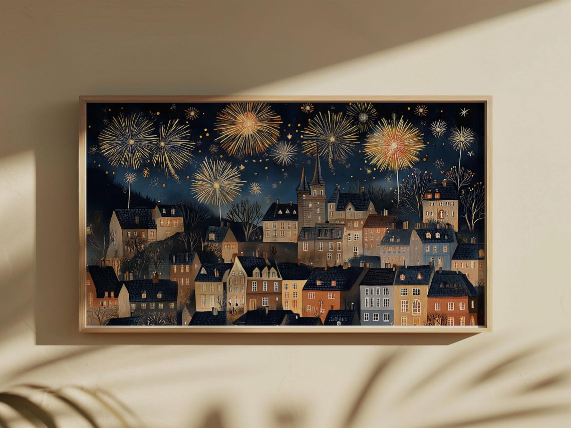 New Year Fireworks Night Sky European Town Celebration Art Poster - Image 6