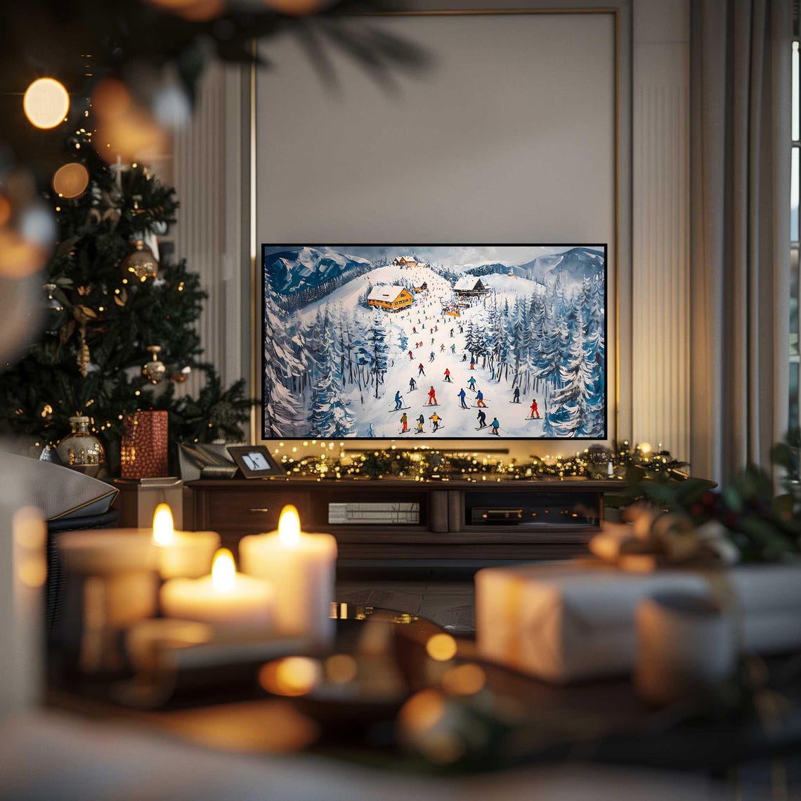 Ski Resort Busy Slopes Alpine Lodge Snowy Pines Winter Art Poster - Image 5
