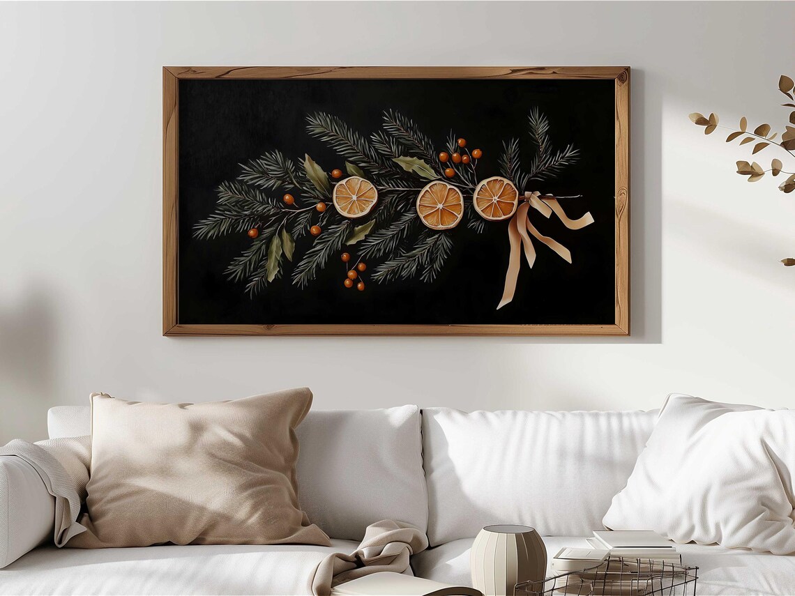 Moody Christmas Garland Pine Dried Orange Berries Black Art Poster - Image 4