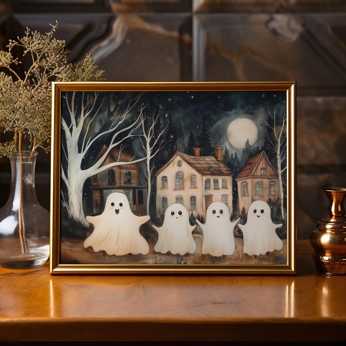Cute Smiling Ghost Family Halloween Night Moon Haunted Art Poster - Image 6