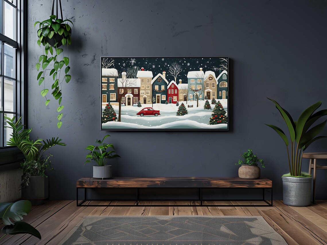 Christmas Town Night Snowy Village Red Vintage Car Holiday Poster - Image 4