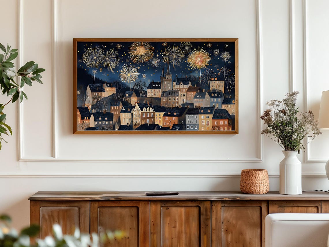New Year Fireworks Night Sky European Town Celebration Art Poster - Image 4